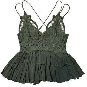 Free People Olive Green Sparrow Lace Ruffle Adella Camisole Blouse Top Small